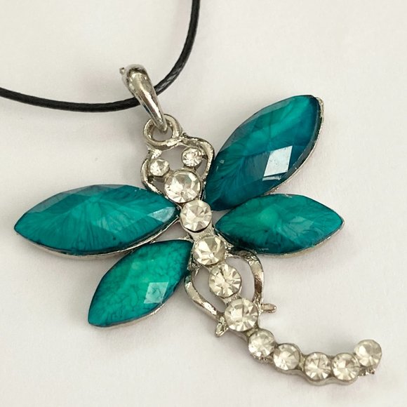 Vtg Dragonfly Necklace Pendant Insect Aqua Crystal Silver Plated Black Cord 18" - Picture 5 of 10
